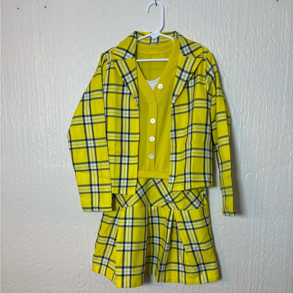 Girls' Yellow Plaid 3-Piece Costume Set with Cardigan and Skirt